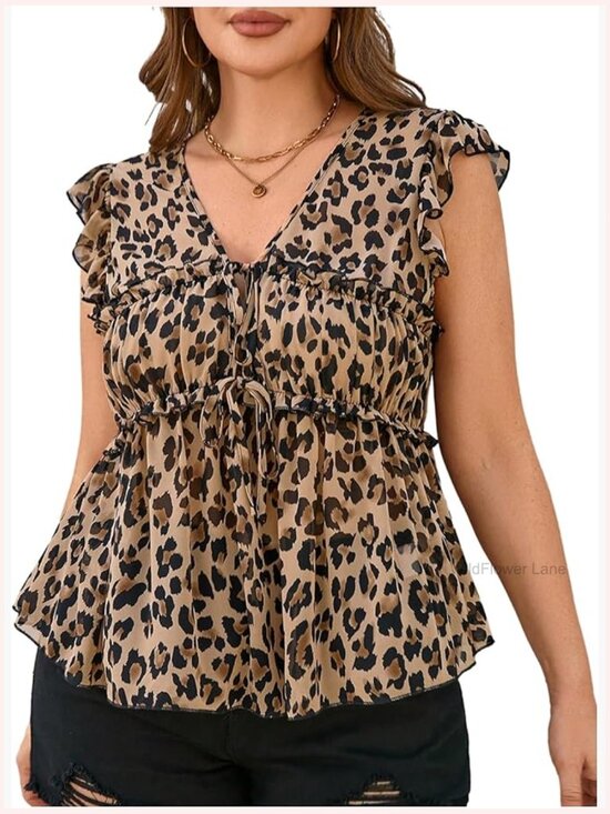 Tops - Plus Size Sleeveless Chiffon Blouse Leopard Print Ruffle Tie Front Peplum Top